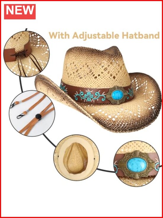 Womens Cowboy Hat Straw Wide Brim Shapeable Western Cowgirl Sun Protection main image 4